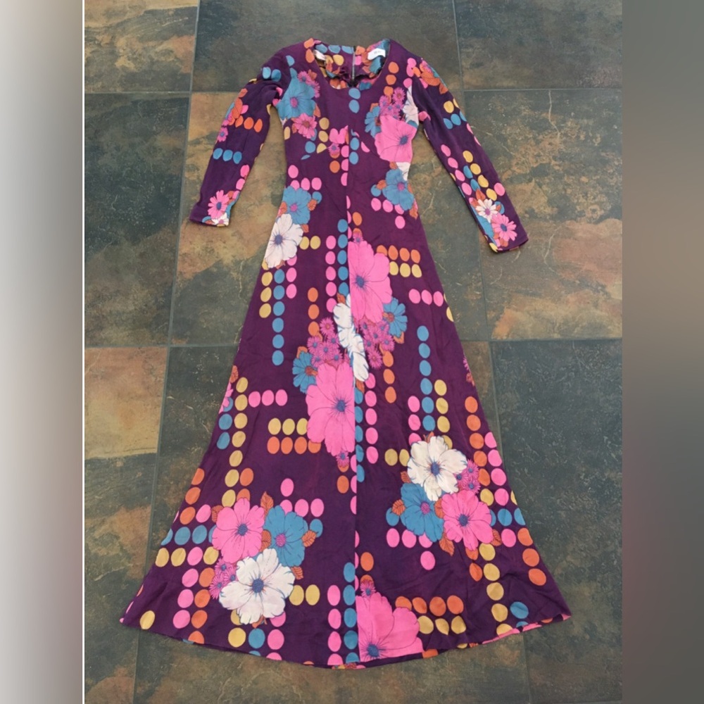 Vintage RARE psychedelic maxi dress 1960’s floral polka dot XXS XS Festival - Picture 2 of 5